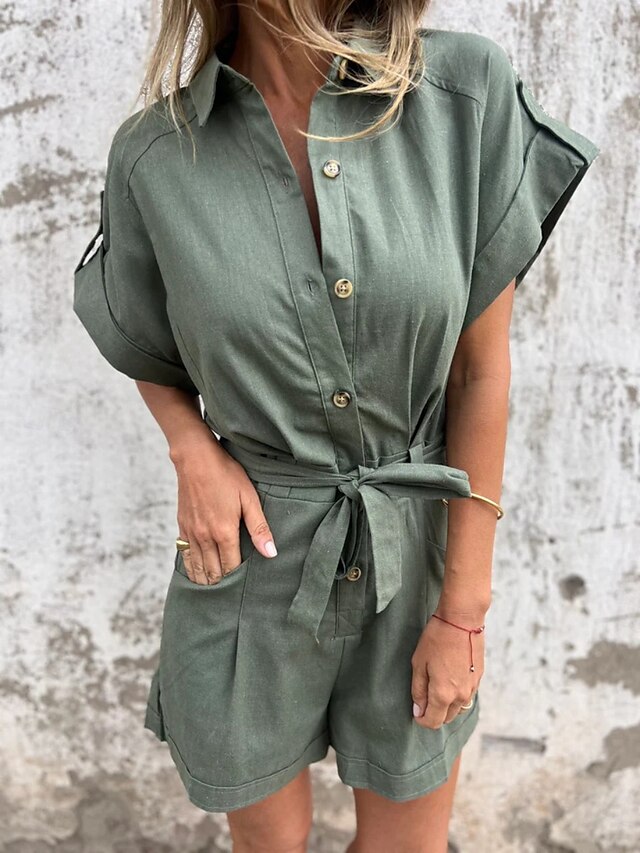  Femmes Actif Basique Ensembles en coton et lin Manche Courte Col de chemise Couleur Unie Décontracté Quotidien Vert Été Coupe régulière