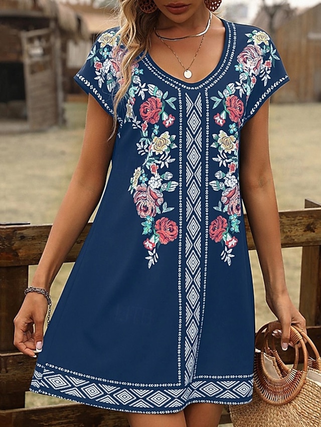  Mujer Mini vestido Vestido estilo camiseta Vestido de verano Vacaciones Casual Boho Diario Noche Ajuste regular Floral Graphic Manga Corta Escote en Pico Negro Vino Azul Piscina Marrón Verano