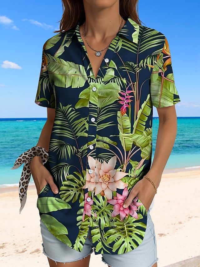 Női Ing Grafika Falevél Hawaii Szüret Tropikus Napi Ujjatlan Rövid ujjú Állógallér Normál felsők Napi Rubin Medence Bíbor Lóhere Világoskék Nyár Tavasz
