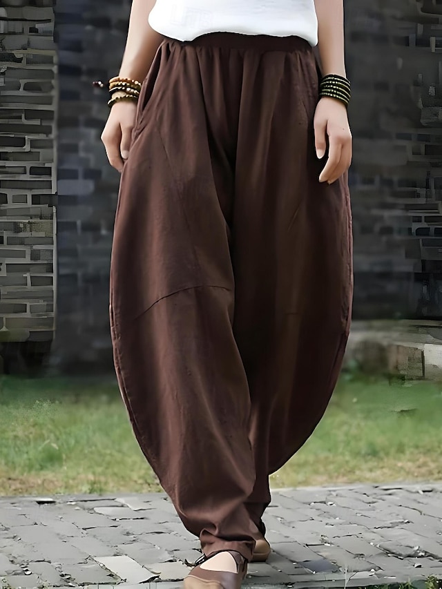  Per donna Pantaloni in cotone e lino Pantaloni Eleganti Moda Lunghezza intera Naturale Semplice Tasca Elastico in vita Comodo Confortevole Vacanza Streetwear Caffè Estate Vestibilità regolare