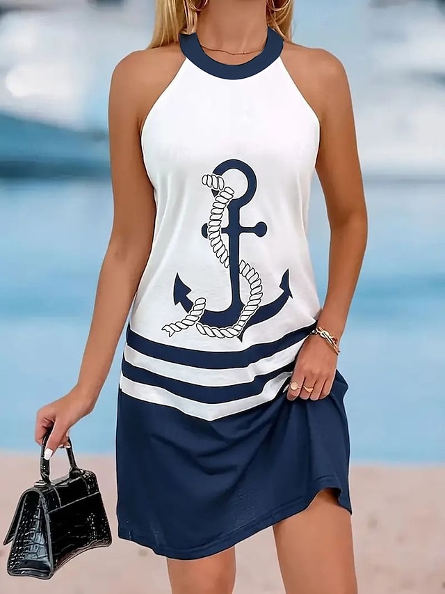  Femmes Mini Robe Robe d'Été Robe dos nu Robe à épaules dénudées Vacances Occasionnel Boho Extérieur Soirée Sortir Coupe Ample Graphique Géométrique Sans manches Col Halter bleu marine Été Printemps