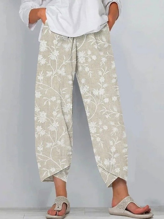  Women's Wide Leg Chinos Baggy Pants Vacation Vintage Ethnic Style Ankle-Length High Waist Floral Graphic Printing Thermal Warm Breathable Soft Micro-elastic Formal Vacation Street Beige Gray Summer
