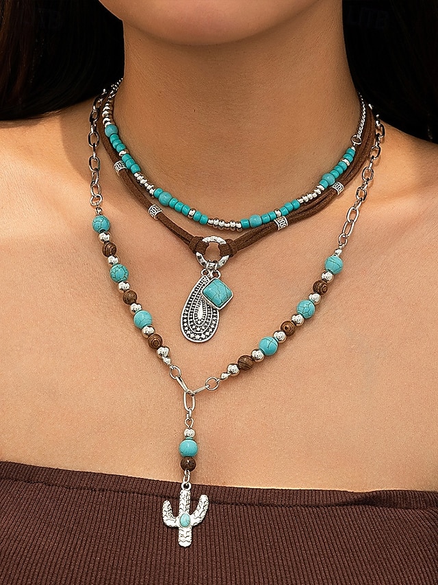  Women's Western Layered Turquoise Beaded Necklace Set – Boho Statement Jewelry with Cactus & Teardrop Charms, Ideal for Festivals, Country Concerts and Casual Wear