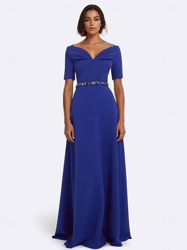  A-Linie Abendkleid Elegant Kleid Formell Hochzeit Bodenlang Kurzarm V Ausschnitt Stretch-Crêpe mit Perlenstickerei 2025