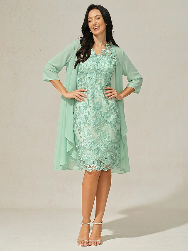Women's Wedding Guest Cocktail Dress Set Chiffon Lace V Neck 3/4 Length Sleeve Mini Dress Party Elegant Formal Light Green Summer Spring 17