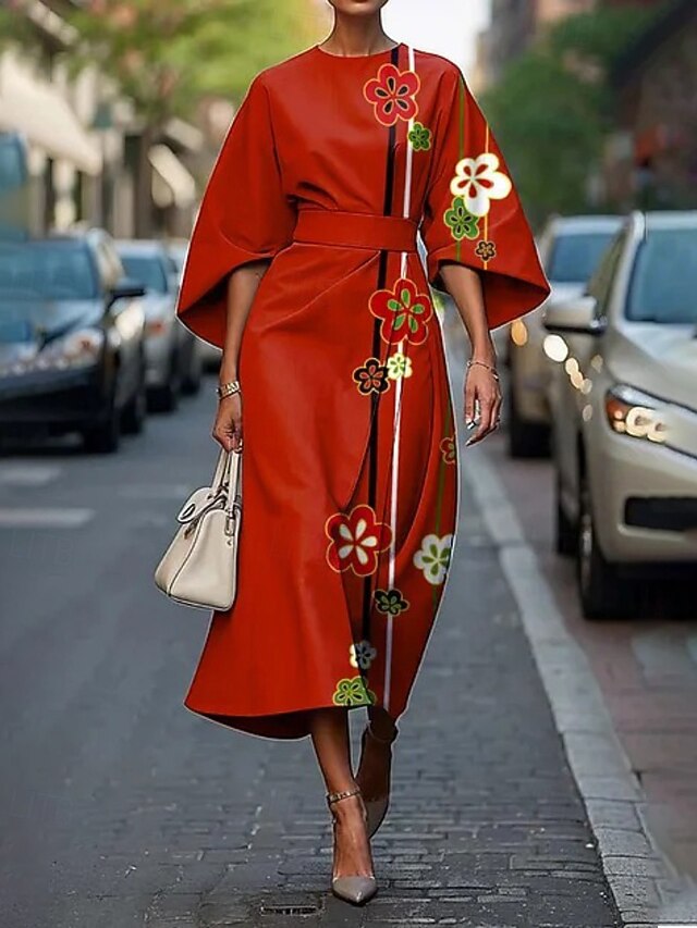 Women's Midi Dress Floral Dress Print Dress Elegant Fashion Outdoor Vacation Holiday Regular Fit Flower Half Sleeve Crew Neck Yellow Wine Red Summer4