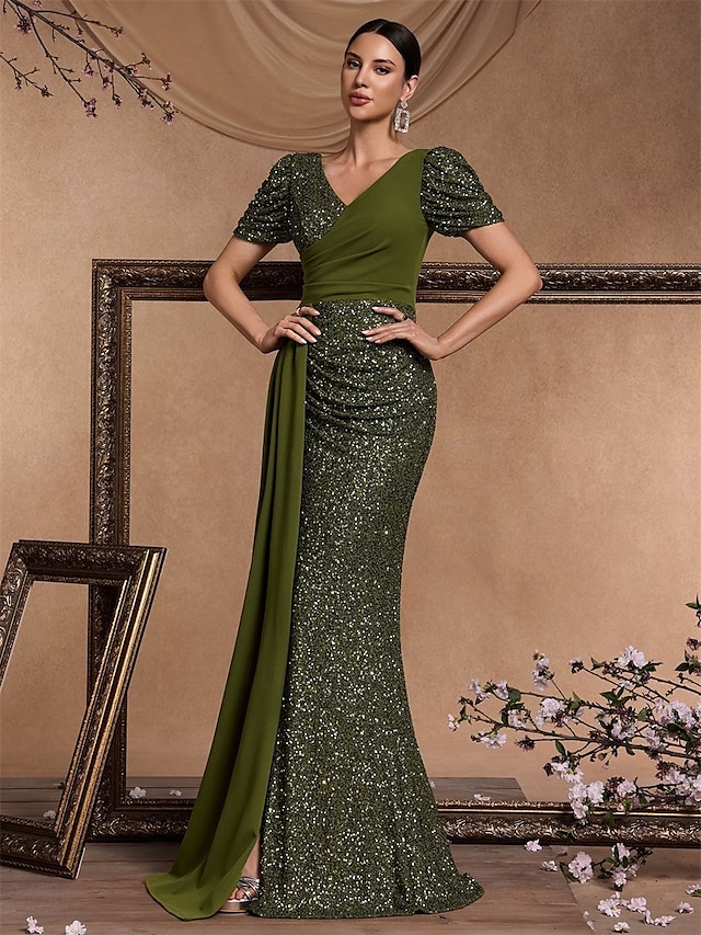  Abiti Quinceanera A-Line abito elegante formale matrimonio lungo fino al pavimento maniche corte scollo a V con paillettes
