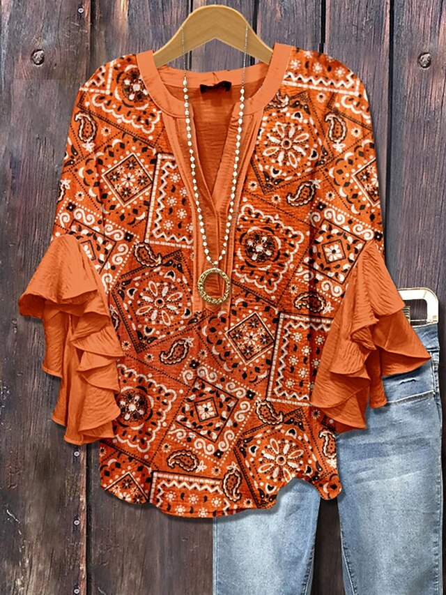 Women's Retro Blouse Layered Ruffle Sleeve Tops Vintage Graphic Geometric Vintage Daily Stylish 3/4 Length Sleeve Regular Tops Daily Holiday Vacation Wear Print Wine Camel Orange Summer Spring4