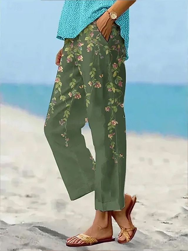  Femmes Jambe large Élégant Vacances ancien Longueur complète Taille haute Fleuri Graphique Impression Respirant Doux Micro-Élastique Extérieur Quotidien Vert forêt Vert lucide Été Printemps Coupe