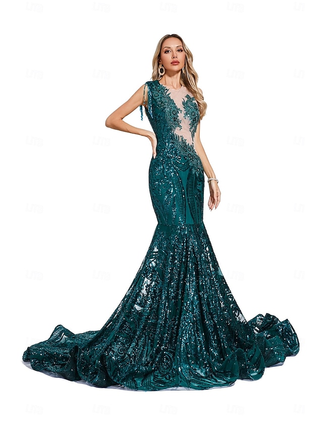  Mermaid  Trompeten Abendkleid Elegantes Kleid Abendparty Prom Hofschleppe Kurzarm Rundhalsausschnitt Pailletten mit Paillettenapplikationen