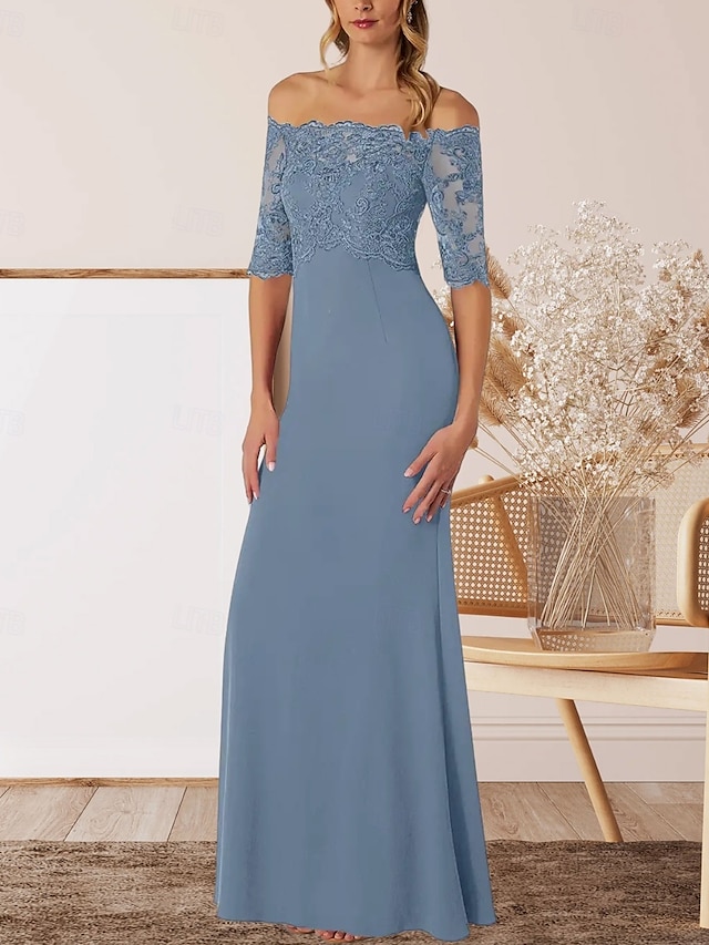  A-Line Mother of the Bride Dress Wedding Guest Elegant Off Shoulder Floor Length Chiffon Half Sleeve with Lace