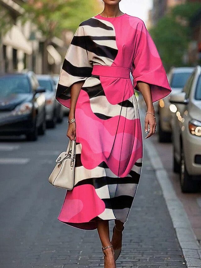 Women's Midi Dress Floral Dress Print Dress Fashion Modern Vacation Daily Weekend Regular Fit Striped Flower Half Sleeve Crew Neck Yellow Pink Light Blue Summer4