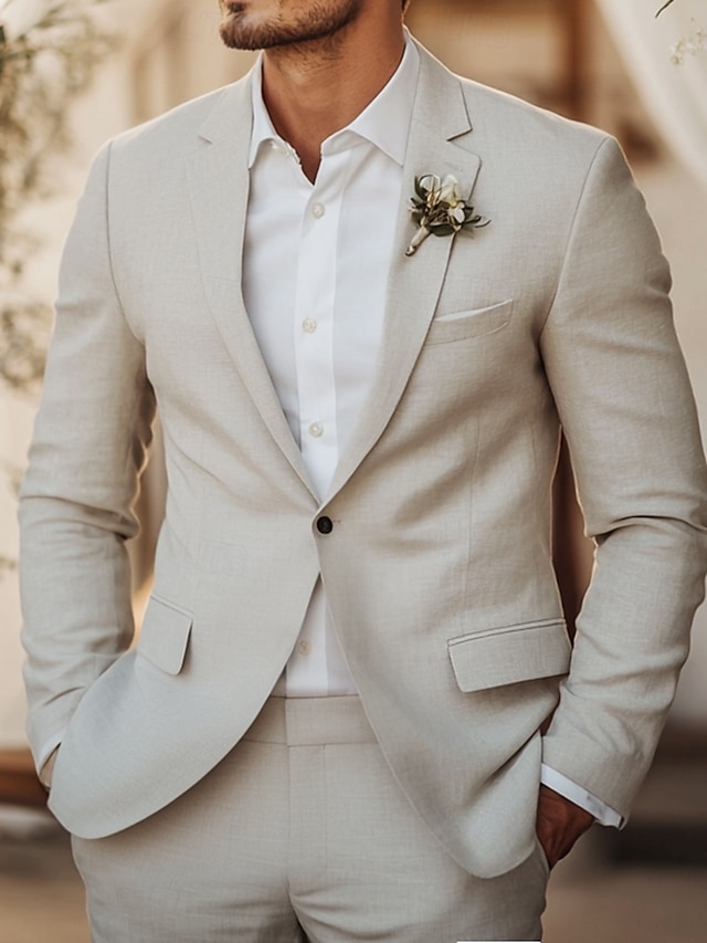  costumes de mariage en lin pour hommes beige mode formel été couleur unie coupe standard 2 pièces simple boutonnage un bouton
