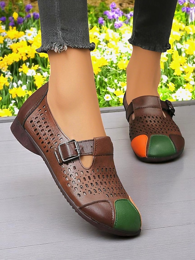  Dámské volnočasové boty širokého střihu z umělé kůže – pohodlné barefoot boty v barevných blokech, prodyšné výřezy, nastavitelný pásek s přezkou, ideální na procházky po zahradě, víkendové výlety i každodenní nošení