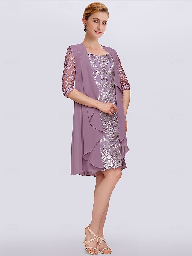  Two Piece Sheath Mother of the Bride Dress Elegant Jewel Neck Knee Length Chiffon Lace Half Sleeve Wrap Included Jacket Dresses with Lace free custom size