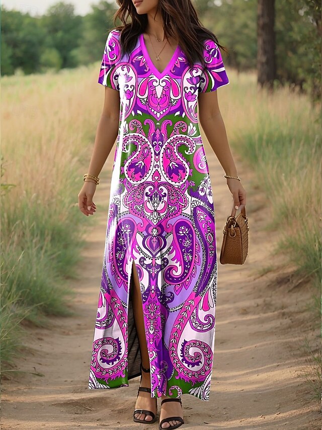  Mujer Vestido maxi Vestido de verano Vestido de una línea Vacaciones Casual Diario Ajuste regular Floral Cachemir Manga Corta Escote en Pico Rosa Azul Piscina Naranja Verano