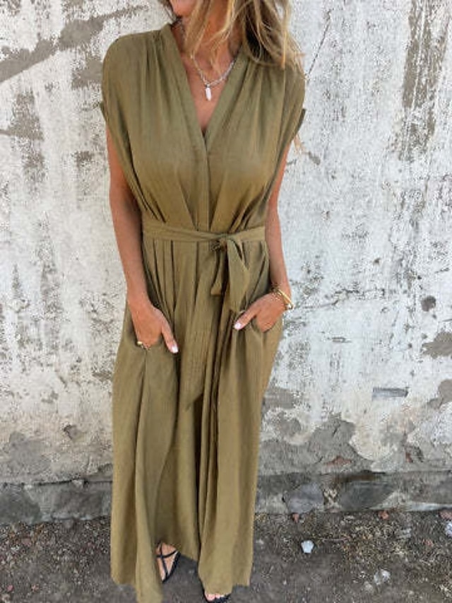  Femmes Robe Longue Maxi Robe Robes en coton et lin Robe Décontractée Robe d'été Mode Basique Moderne Quotidien Week-end Coupe régulière Uni Manche Courte Col en V Blanche Chameau Été