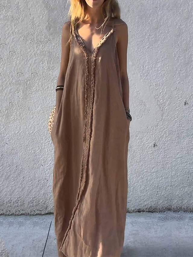  Dámské Dlouhé šaty Maxi šaty Šaty inspirované plátnem Bavlněné lněné šaty Slip Dress Boho šaty Vinobraní Módní Venkovní Párty Dovolená Běžný Bez vzoru Bez rukávů Do V Hnědá Trávová zelená Světle šed