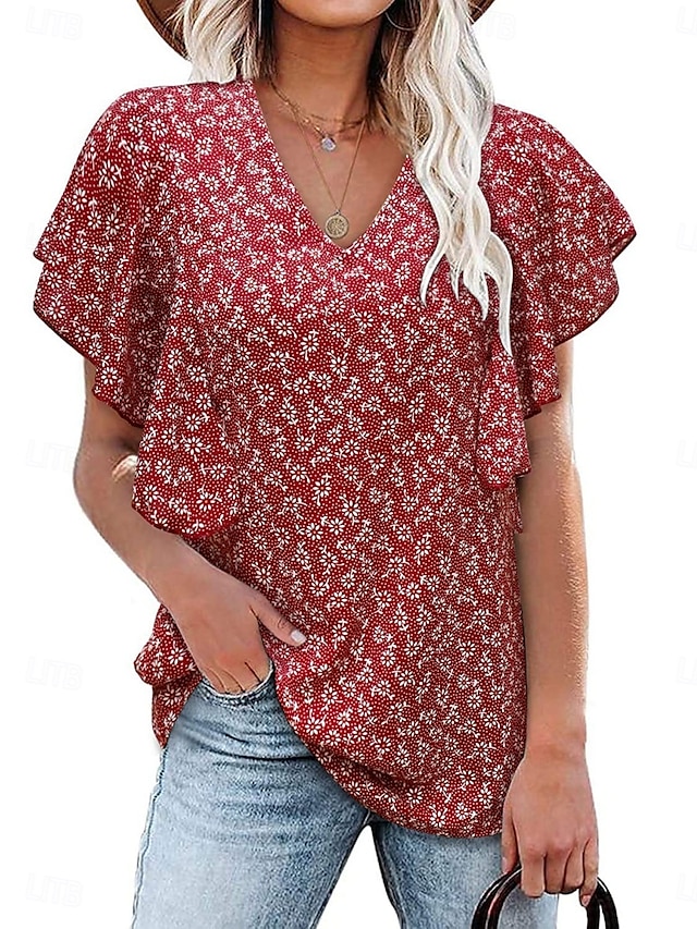  Femmes T-shirt Fleuri Mode Élégant Moderne Manche Courte Col en V Hauts Réguliers Quotidien Week-end Jaune Rose Claire Rouge Vert Été
