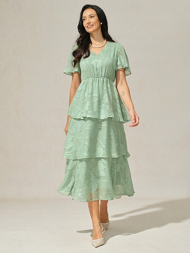  Dames Maxi-jurk A lijn jurk Elegant Formeel Flutter mouw Bruiloft gast Cocktailparty Normale pasvorm Effen Korte mouw V-hals Grijs-Groen Zomer