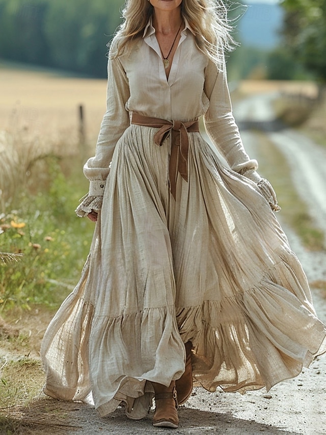  Damen Langes Kleid Maxikleid Freizeitkleid Schwingkleid Sommerkleid Boho-Kleid Vintage Urlaub Täglich Ferien Normale Passform Einfarbig Langarm V Ausschnitt Beige Sommer