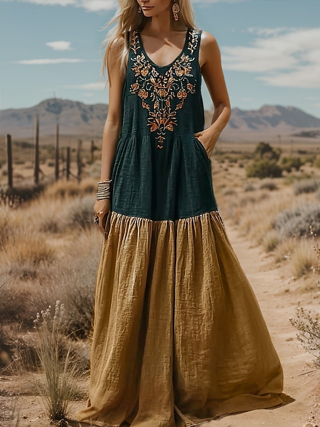  Femmes Robe Longue Maxi Robe Robe Décontractée Robe évasée Robe d'été Robe bohème ancien Vacances Quotidien Fête Coupe régulière Fleuri Sans manches Col en V Marron Été