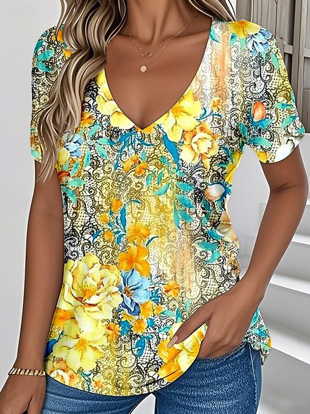 Women's T Shirt Floral Graphic Plants Vintage Stylish Classic Short Sleeve V Neck Regular Tops Daily Print Yellow Pink Green Summer Spring4