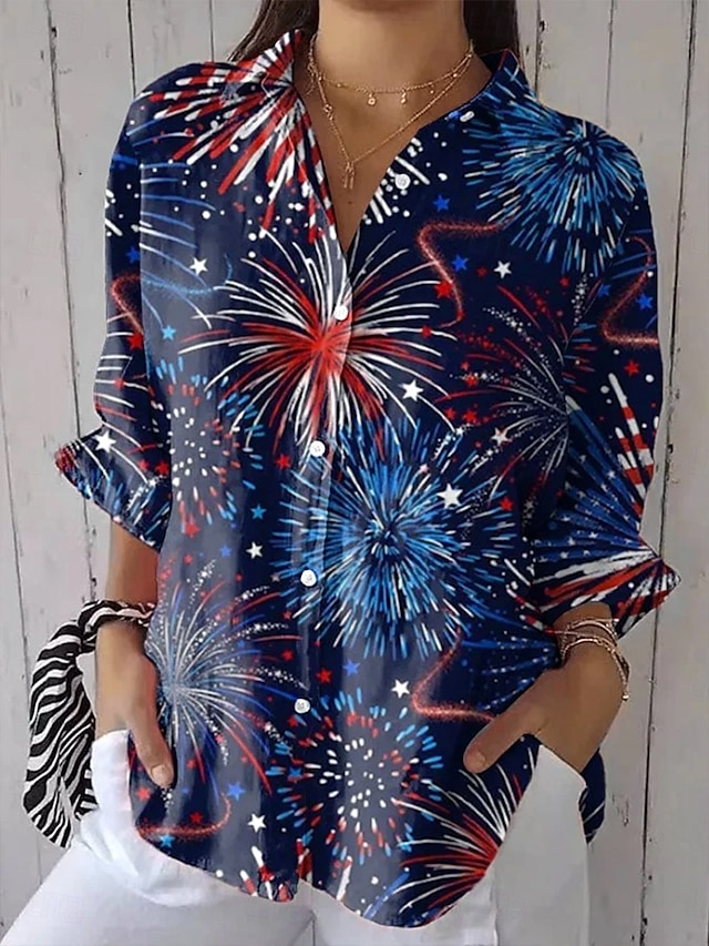  Košile pro ženy k Dni nezávislosti Patriotic Čtvrtého července Grafika květiny USA Vintage Tropická Každodenní Dlouhý rukáv Límec Pravidelné topy Práce Každodenní Tisk Námořní modrá Světle modrá Léto