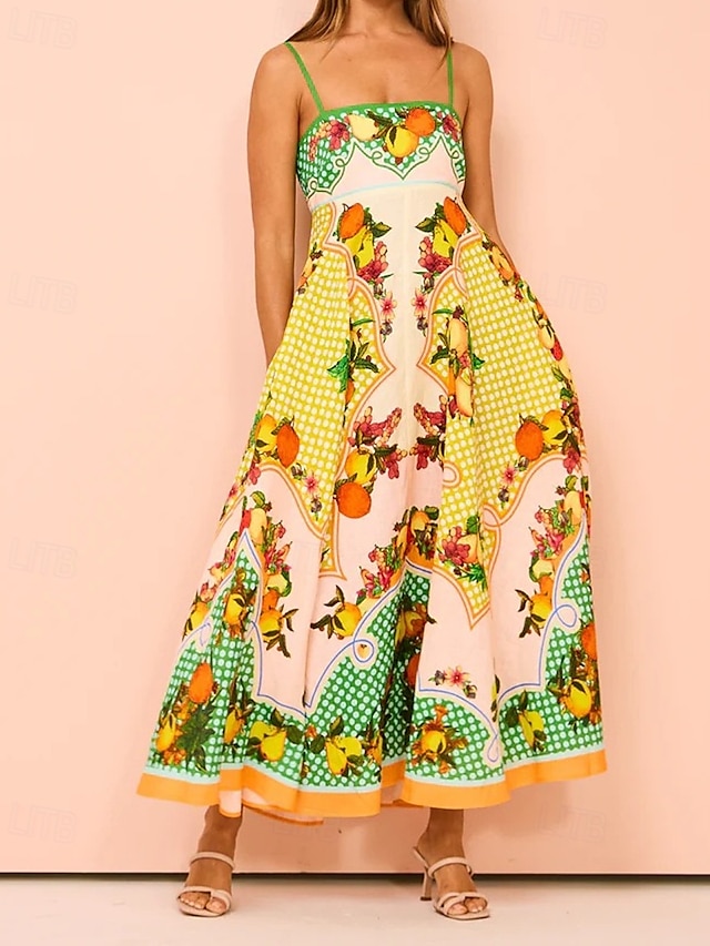  Per donna Abito Lungo Maxi Abito Abiti in cotone e lino Vestito Casual Abito Sottoveste Moda All'aperto Feste Ferie Vestibilità regolare Frutta Senza Maniche Spalline sottili Giallo Estate