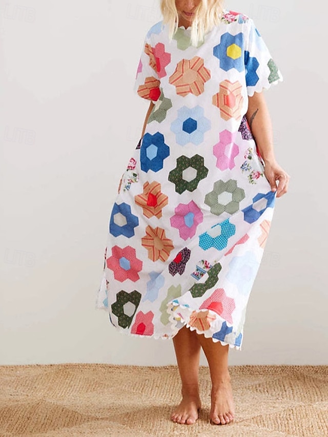  Pentru femei Rochie Lunga Rochie Maxi Rochii de in bumbac Rochie casual Modă În aer liber Petrecere Concediu Fit regulat Floare Manșon scurt Stil Nautic Alb Vară