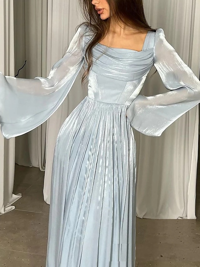  Blå A-Line Kjoler Elegant Kjole Formell Semi Formell Bryllup Gulvlengde Lang Utsvingt Erme Firkantet Utringning Glanset Organza med Folder