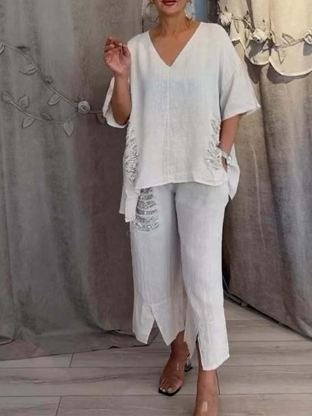  Femmes Actif Mode Chemises en coton et lin Chemisier Ensembles de Pantalons manche longue Col en V Couleur Unie Paillettes Vacances Décontracté Quotidien Noir Blanche Rouge Été Coupe régulière