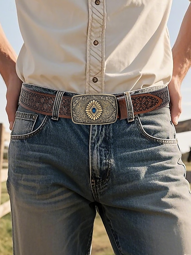  Ceinture western en similicuir pour homme avec boucle gravée vintage et pierre précieuse bleue, style cowboy pour rodéo, événements en plein air et tenue décontractée
