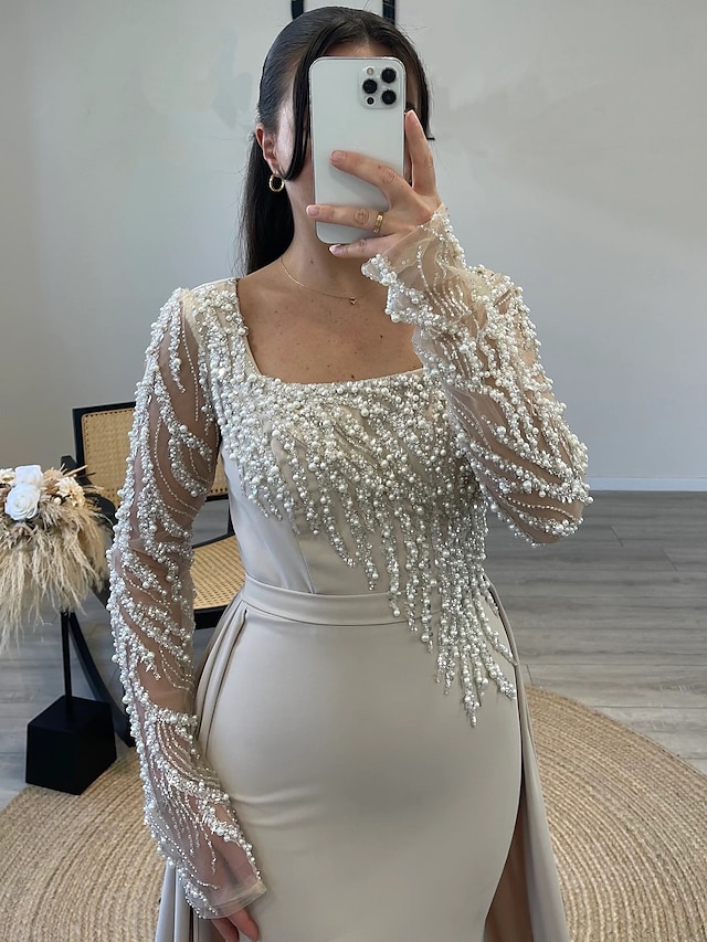  Robe de Soirée Sheath  Colonne Robe Élégante Carnaval Formelle Longueur de sol Manches longues Col illusion Détachable Crêpe extensible avec Paillettes et Perles