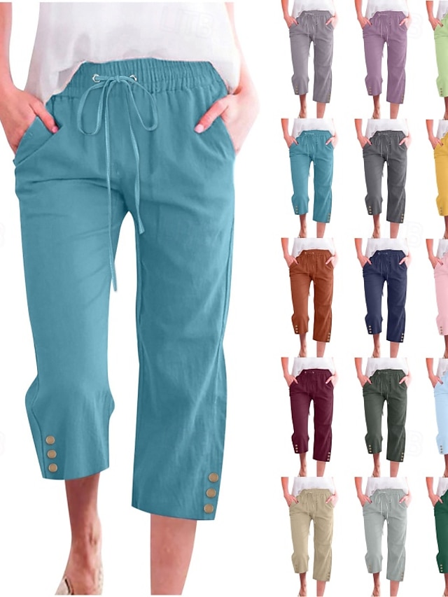  Mulheres Calças de linho de algodão Calças Capri Calças Moda Roupa de rua Comprimento da panturrilha Natural Tecido Bolsos Design de cordão elástico Confortável Exterior Rua Para Noite clarete Azul