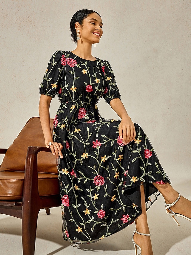 Women's Maxi Dress Black Dress A Line Dress Elegant Stylish Puff Sleeve Vacation Daily Loose Fit Floral Short Sleeve Crew Neck Black Summer 14
