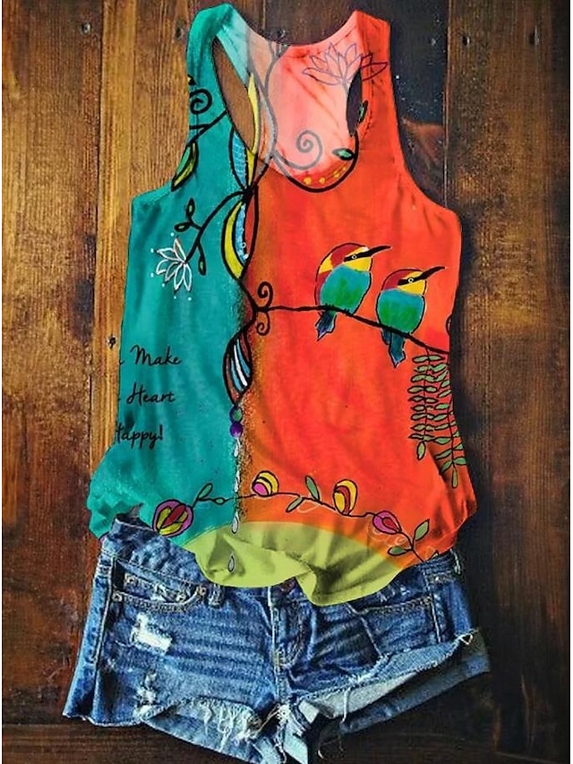  Kvinne Top Tank Topp Sommer Topper Blomster Grafikk Basic Uten Ermer V-Hals Vanlige Topper Trykk Rød Lilla Oransje Grønn Sommer Vår