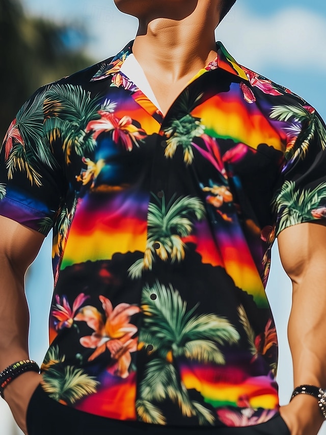  Homme Arc-en-ciel LGBT Fierté Chemise Chemise hawaïenne Chemise Boutonnée Manche Courte Hawaïen Fête Vêtements de rue Été Printemps Col Rabattu Impression 3D Noir