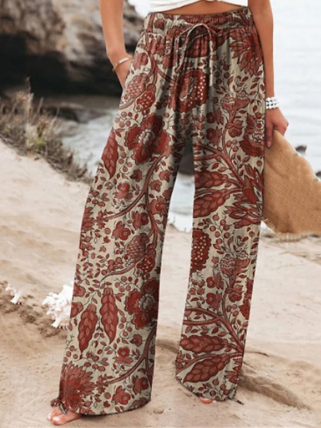  Per donna Pantaloni ispirati al lino Gamba larga Pantaloni Palazzo Moda Boho Lunghezza intera Vita Alta Fiore Elastico in vita Traspirante Confortevole Micro-elastico Streetwear Abbigliamento