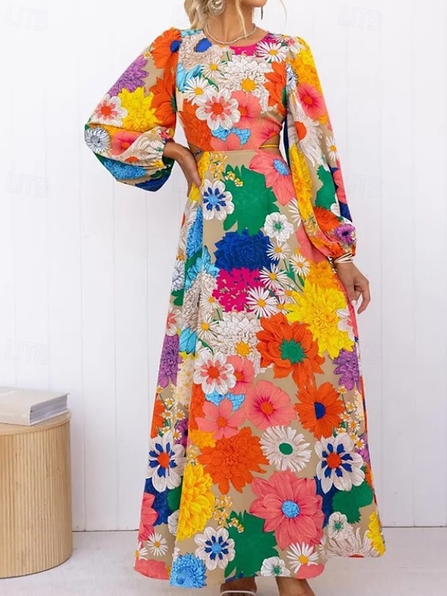  Damskie Długa sukienka sukienka maxi Sukienka w kwiatki Sukienka Boho Sukienka z nadrukiem Moda Klasyczny Nowoczesny Na zewnątrz Urlop Święto Regularny Kwiat Długi rękaw Półgolf Żółty Lato