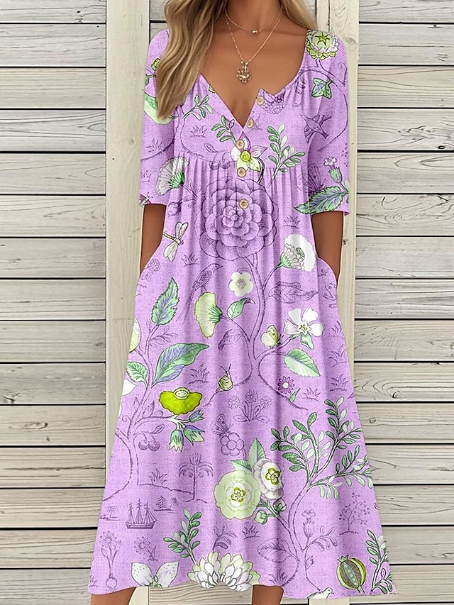  Women's Midi Dress Summer Dress Pleated Dress Vacation Casual Beach Holiday Regular Fit Floral Graphic Short Sleeve Crew Neck Blue Purple Orange Summer