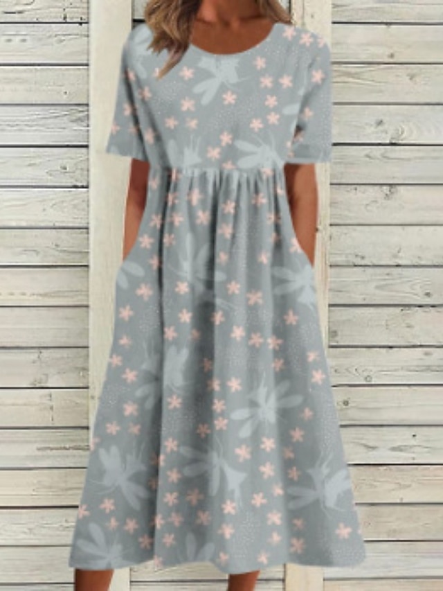  Damen Midikleid Freizeitkleid Blumenkleid Klassisch Modern Urlaub Täglich Ausgehen Normale Passform Blume Kurzarm Rundhalsausschnitt Purpur Grau Sommer