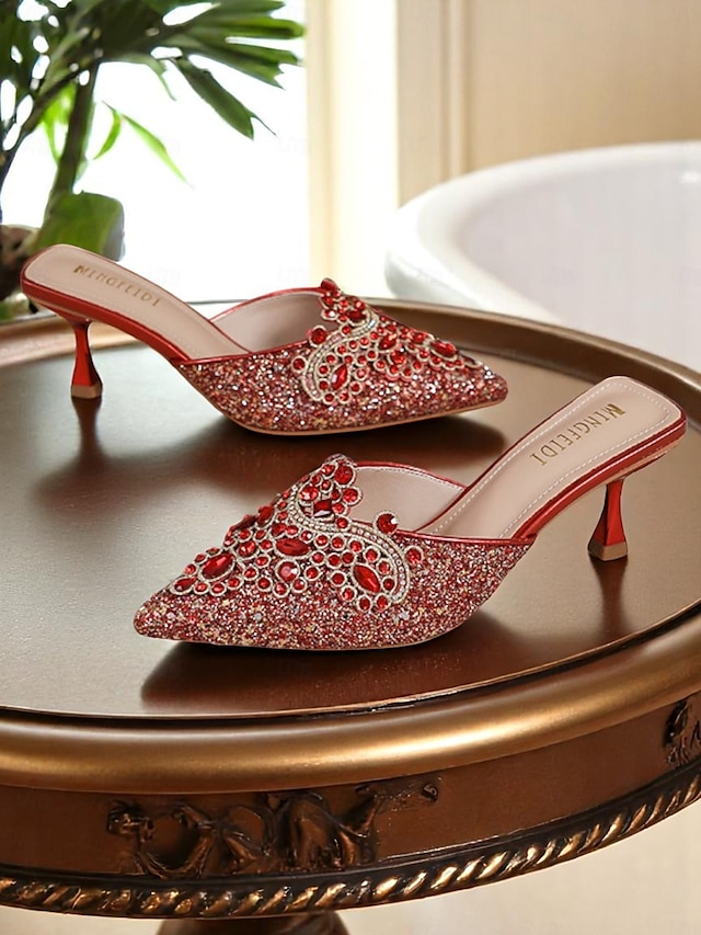  Damen-Pantoletten mit goldenen Pailletten – spitze Schlupfschuhe mit Strass-Details für glamouröse Cocktail-Events