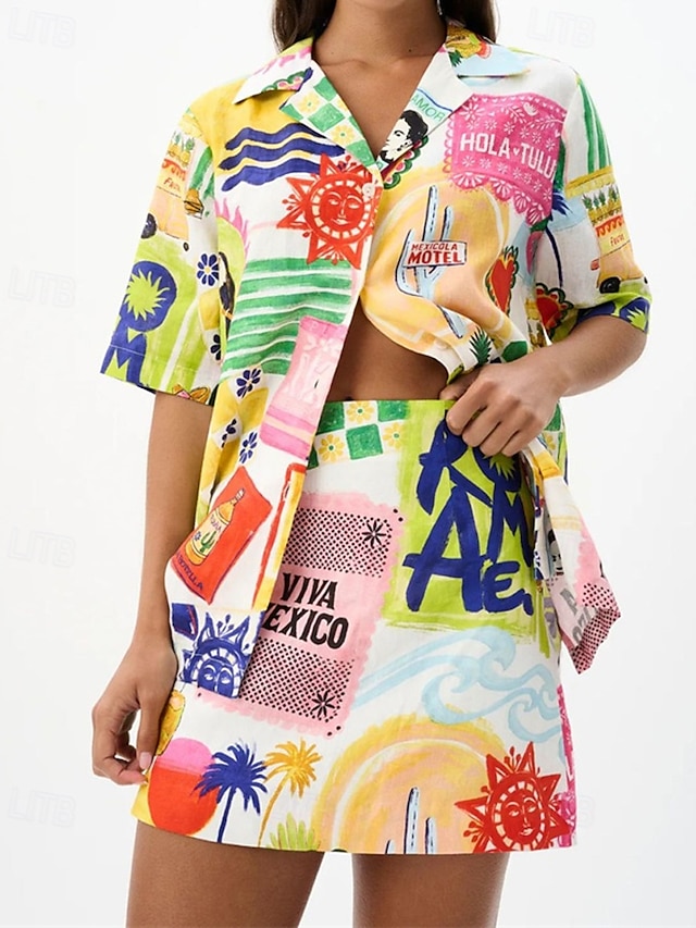  Per donna Moda Streetwear Camicie di cotone e lino Set di biancheria in cotone Set di Pantaloncini Manica Corta Colletto a Camicia pianta Stampato Abbigliamento quotidiano Data Giallo Estate