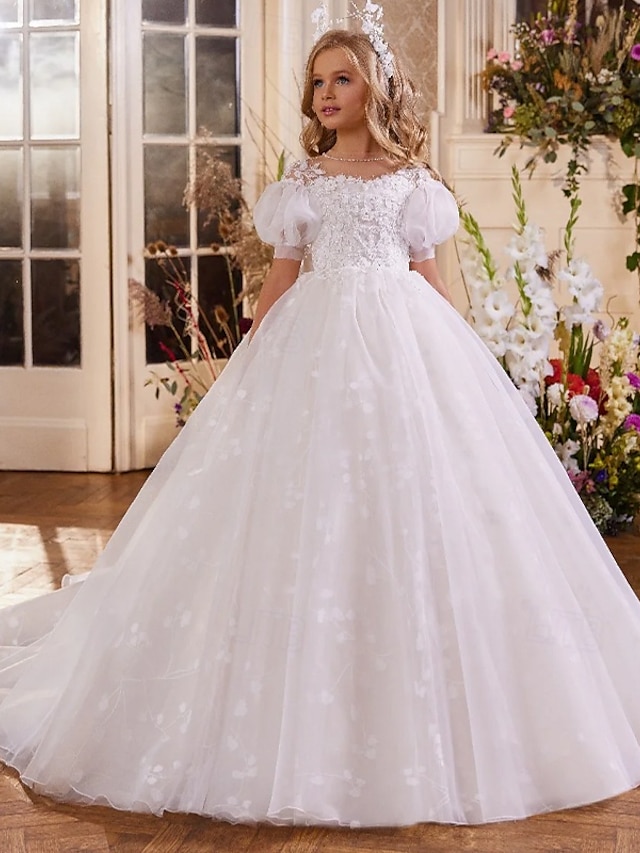  Vestido de Menina das Flores para Quinceanera Comprido de Tulle com Estilo Real e Corte Príncipe para Meninas de 3 a 16 Anos