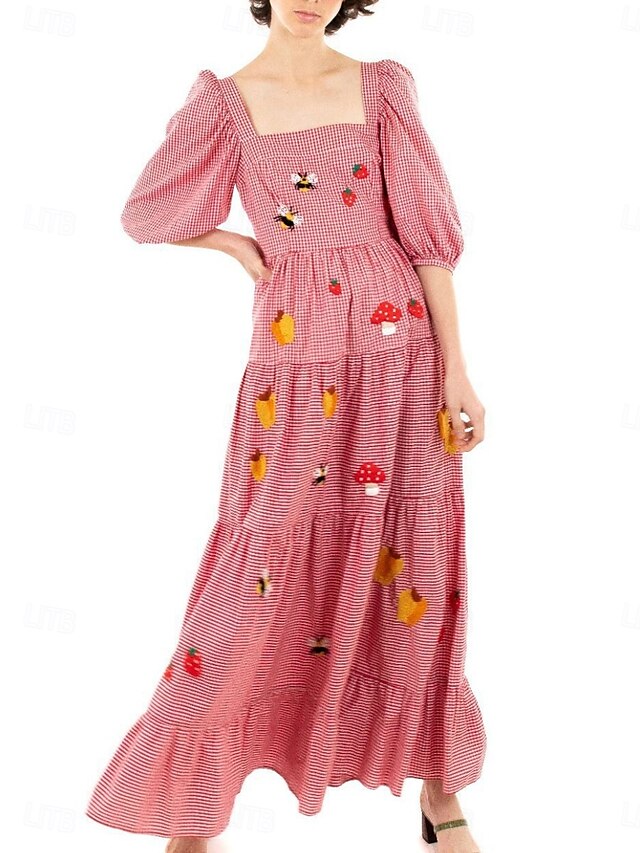  Femmes Robe maxi Robe trapèze Occasionnel Extérieur Sortir Coupe régulière Fleuri Plaid Manche Courte Col carré Blanche Jaune Rouge Bleu Roi Été