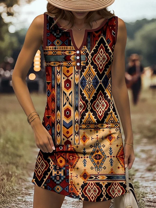  Pentru femei Rochie Mini Rochie de Vară Rochie A line Rochie de vară Rochie cu umeri Casual Concediu Plajă Fit regulat Grafic Tribal Fără manșon În V Galben Roșu-aprins Albastru piscină Mov Var