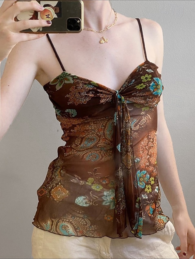  Dame Boho skjorte Bluse Blomsternål i krystall Moderne Bohem Ermeløs Med stropper Vanlige topper Ferie Ut på byen Trykt mønster Brun Sommer