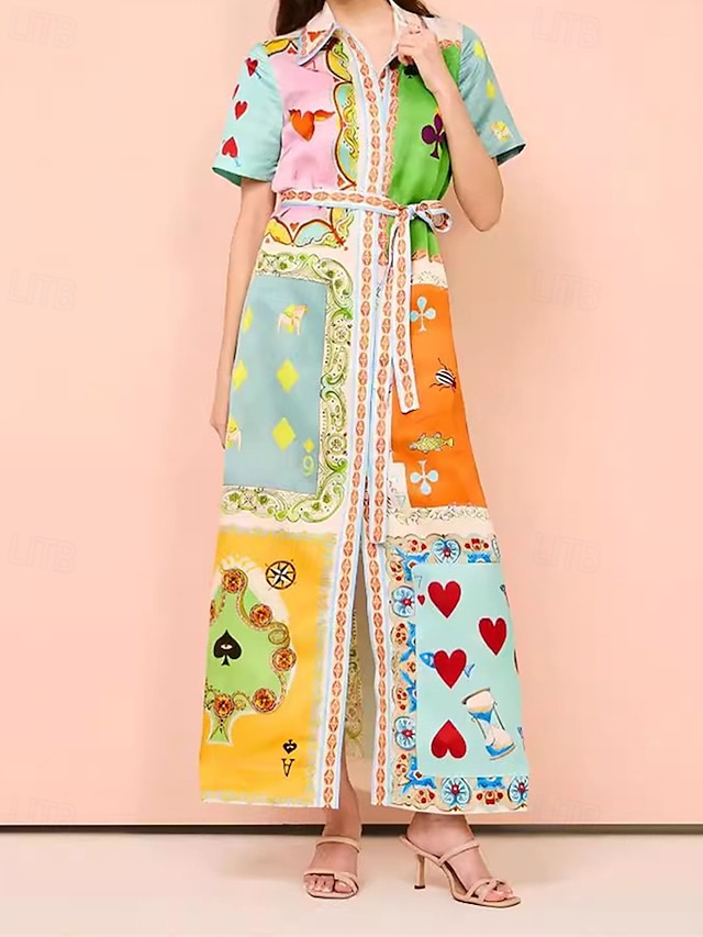  Femmes Robe Longue Maxi Robe Robes en coton et lin Robe Décontractée Mode Extérieur Soirée Fête Coupe régulière Bloc de Couleur Manche Courte Col de chemise Orange Été