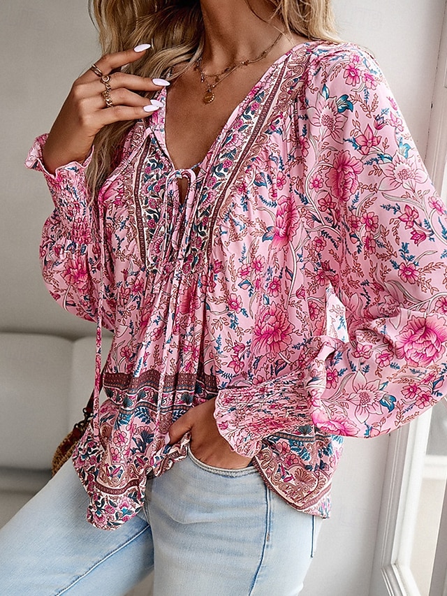 Damen Hemd Boho-Hemd Sommeroberteile Blume Täglich Stilvoll Lässig Langarm V Ausschnitt Normale Oberteile Arbeit Täglich Ferien Druck Rosa Marineblau Blau Frühling Herbst